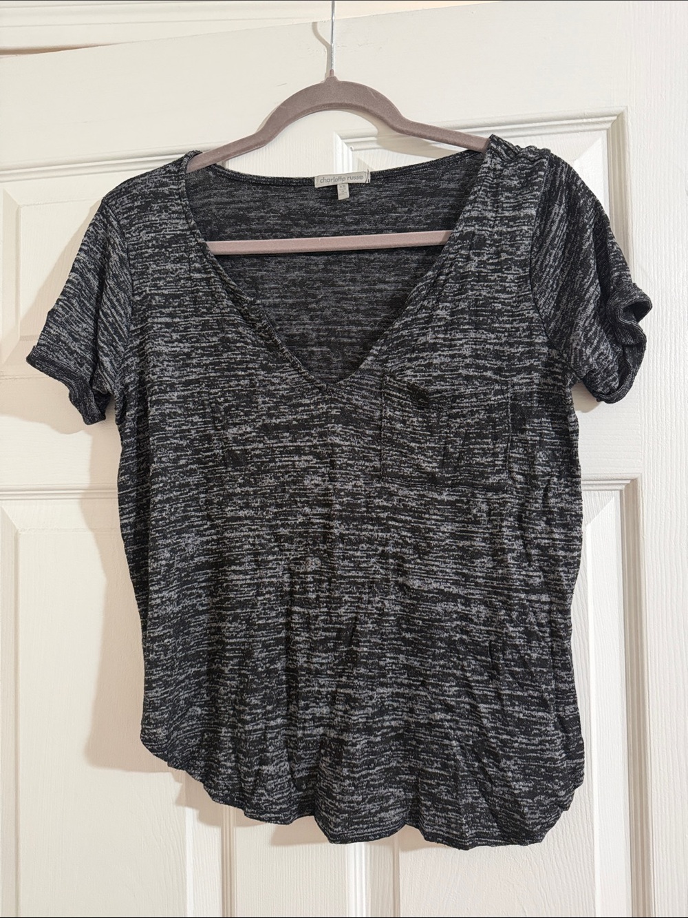 Charlotte Russe Black Heather V-Neck Pocket Tee